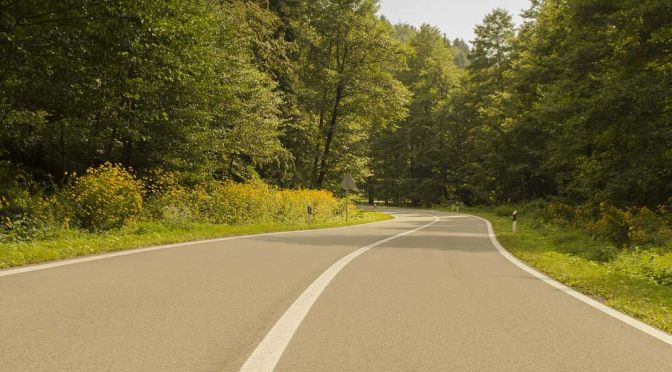 Shows a road running through Plitvice National Park forest - Croatia car hire