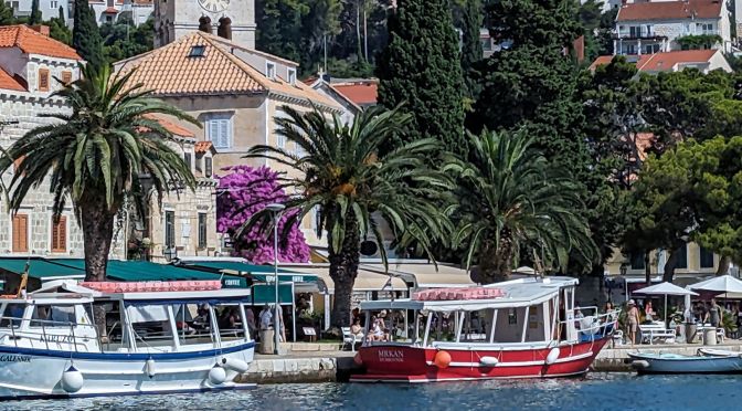 shows an image of boats in Cavtat town, Croatia