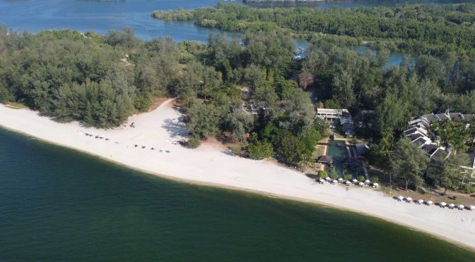 shows a birds-eye view of tanjung rhu beach in Langkawi