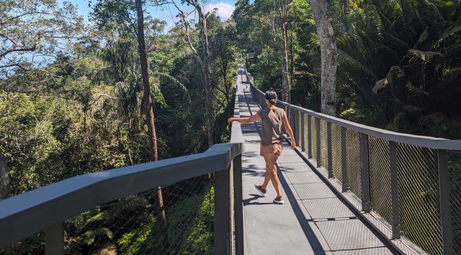 shows susie walking on the canopy walk in the Habitat at Penang Hill
