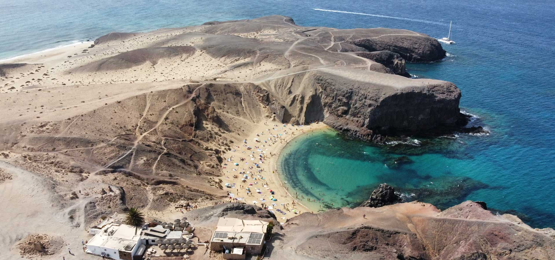 Shows a birds eye view of Papagayo beach in Lanzarote