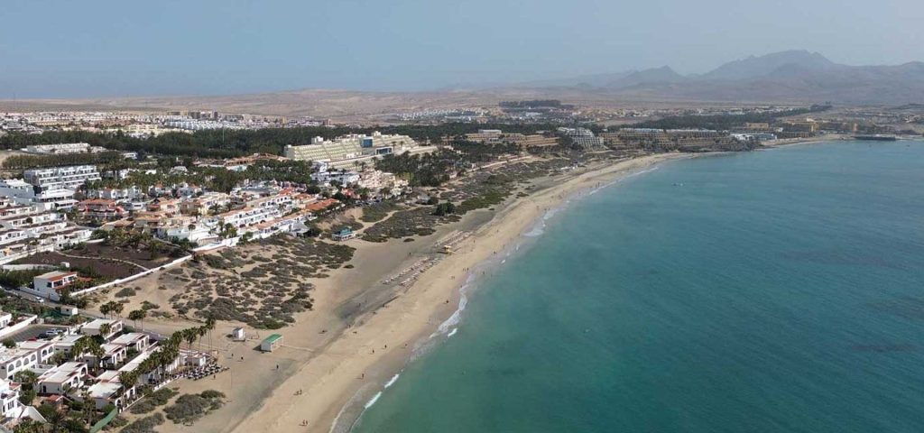 Shows a drone view of Costa Calma, Fuerteventura - The best places to visit in Fuerteventura